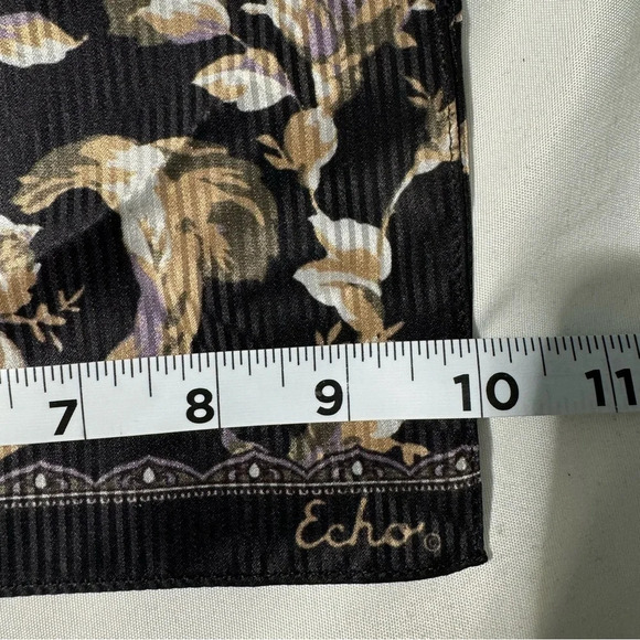 Vintage Echo Silk Scarf Black with Beige Tan and Purple Flowers 59” by 10” - Picture 7 of 7